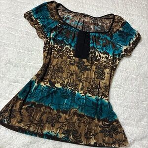 PerSeption Concept Floral Top in Teal and Brown